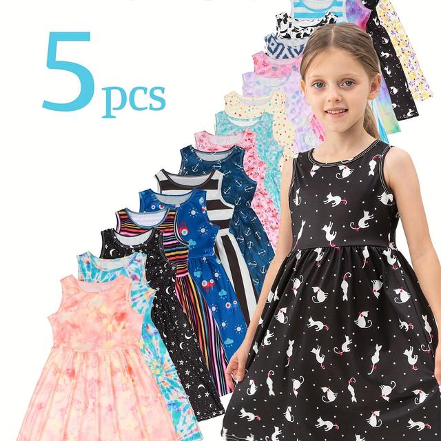 TEMU 5pcs Cute Girls' Summer Dresses, Polyester Sleeveless Knee High Umbrella Skirt With Flared Details, Medium Stretch Print Comfy Dresses For Children