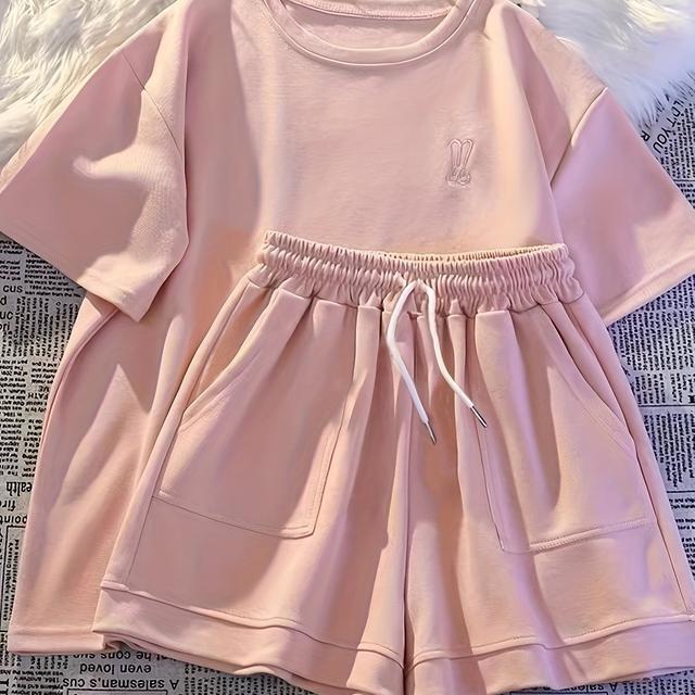 TEMU Girls' Summer Outfit: 2024 New Korean Style Embroidered Casual Two-piece Set With Short Sleeve T-shirt And Shorts For Medium To Large Kids, Perfect For Outdoor