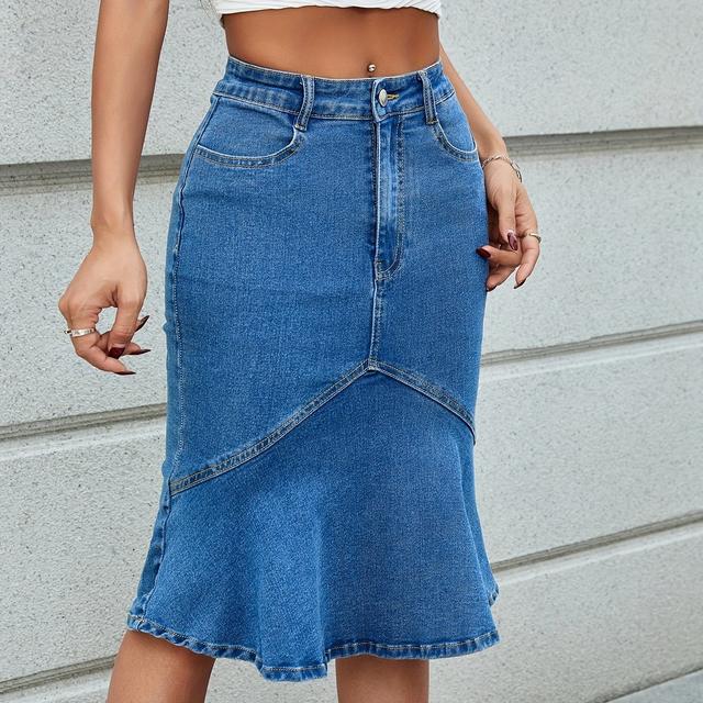 TEMU Women's Stretch Denim Midi Skirt With Flared Hem - Mid-rise, High-waisted, Light Blue, , Spring/summer/fall, High Waisted Skirt