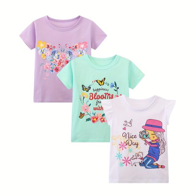 TEMU 3 Combination Girls Short Sleeve T-shirt Pure Breathable Comfortable Casual Round Neck Cover Flower Random Printed T-shirt Summer Top