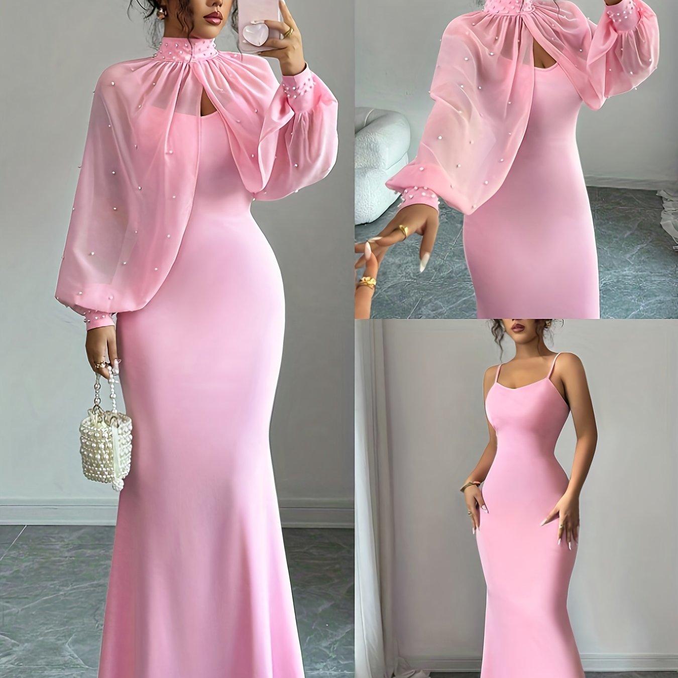 TEMU WY251221079 Elenzga Nuevo Vestido de Noche Elegante y , Encanto , Rosa , Top de Manga Larga con Cuentas a , Conjunto de Vestido Sin Tirantes de Corte , Ropa de Mujer para /Verano