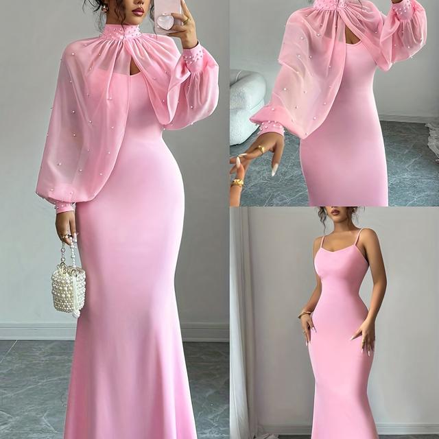 TEMU WY251221079 Elenzga Nuevo Vestido de Noche Elegante y , Encanto , Rosa , Top de Manga Larga con Cuentas a , Conjunto de Vestido Sin Tirantes de Corte , Ropa de Mujer para /Verano