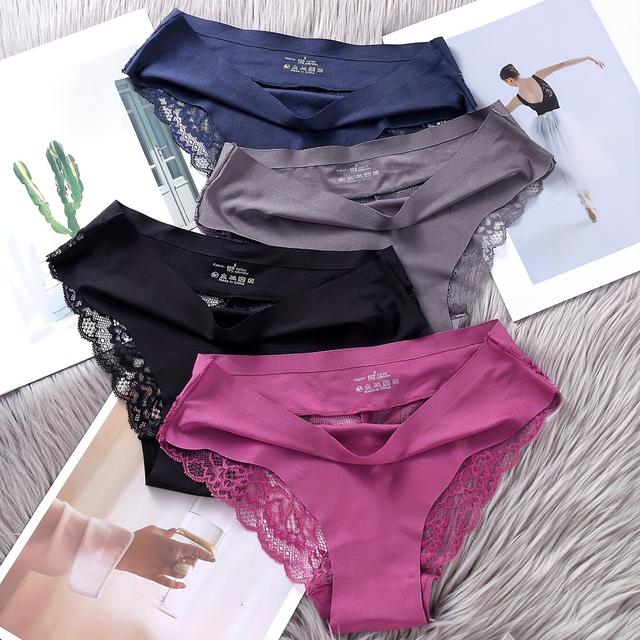 TEMU 4pcs Women's Ice Fiber Seamless Hipster Panties - Semi-sheer Mesh & Contrast Lace Trim, Mid-rise Fit, Hand Wash Only, Assorted Colors (black, Pink, Purple, Grey), Cute Panties