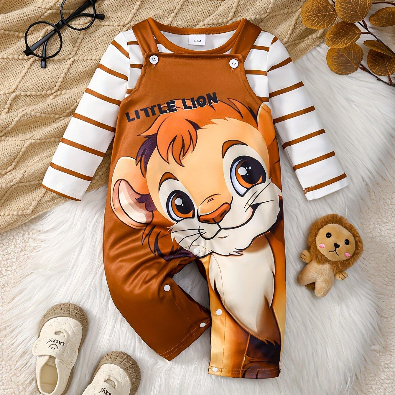 TEMU 2 Stück Jungen Neugeborene Gestreifte Langarm-T-Shirts + Cartoon-Löwen-Druck Latzhosen Set, Lässige Niedliche Kleidung für Frühling Herbst, für Draußen