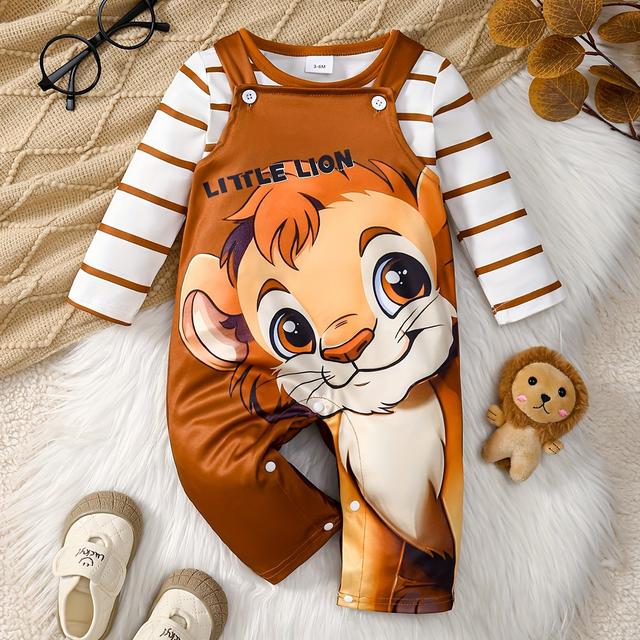 TEMU 2 Stück Jungen Neugeborene Gestreifte Langarm-T-Shirts + Cartoon-Löwen-Druck Latzhosen Set, Lässige Niedliche Kleidung für Frühling Herbst, für Draußen