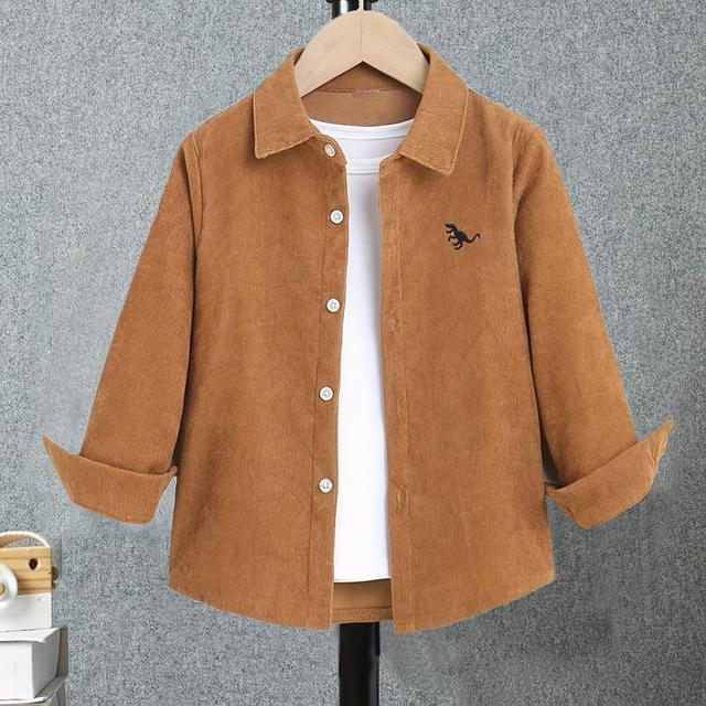 TEMU قميص ولادي بأكمام طويلة بلون موحد للربيع والخريف، جاكيت مطرز للأطفال الصغار، قميص كوردروي عادي للأولاد، مناسب للارتداء كطبقة واحدة أو للارتداء بشكل منفصل