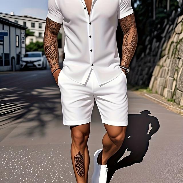 TEMU Un conjunto de dos camisas de manga corta y pantalones cortos de color sólido y fácil de usar para hombre, con cuello , para actividades al aire libre, vacaciones o ropa casual para el hogar
