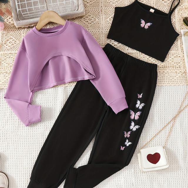 TEMU Conjunto de casual de 3 peças para meninas com estampa de borboletas: calças, blusa de e pequena com suspensórios