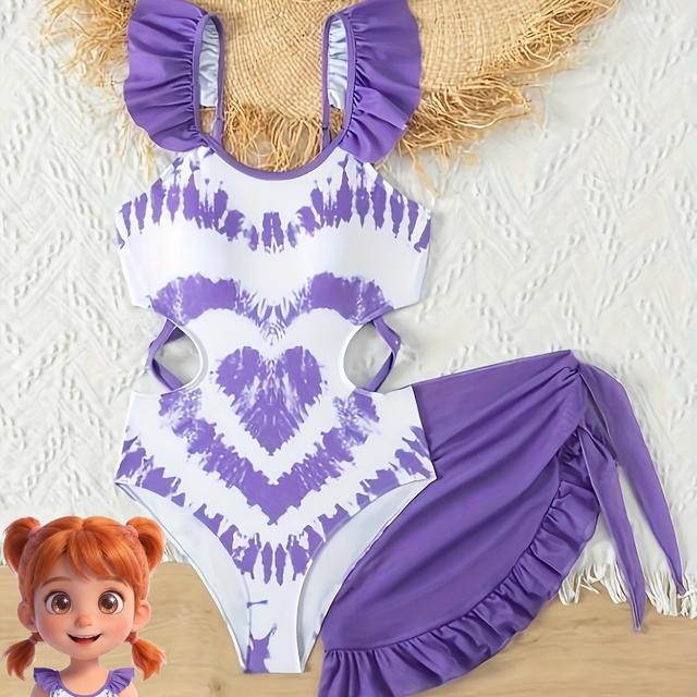 TEMU Traje de Baño Tie-Dye para Niñas con de Volantes y Faldón Cubrepierna - de Poliéster Elástico, No Transparente, Tejido de Punto para Adolescentes - Ideal para Playa y Piscina