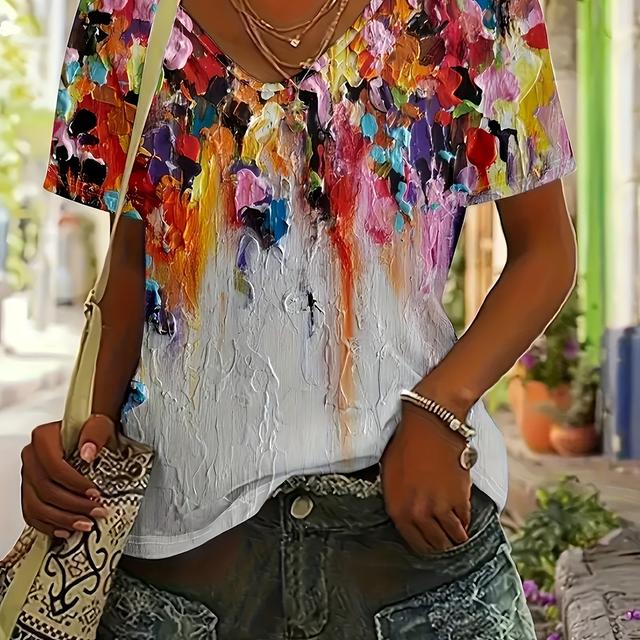 TEMU Women's V-neck Casual T-shirt [artistic ] Vibrant Oil Painting Style V-neck Short Sleeve! Colorful Color Block Collision, Trendy Elegant Casual Full, Outing Must-have ~