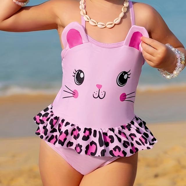 TEMU Girls Swimsuit One-piece Pink Shape Leopard Print Ruffle Swimsuit Little Girl Cute Swimsuit