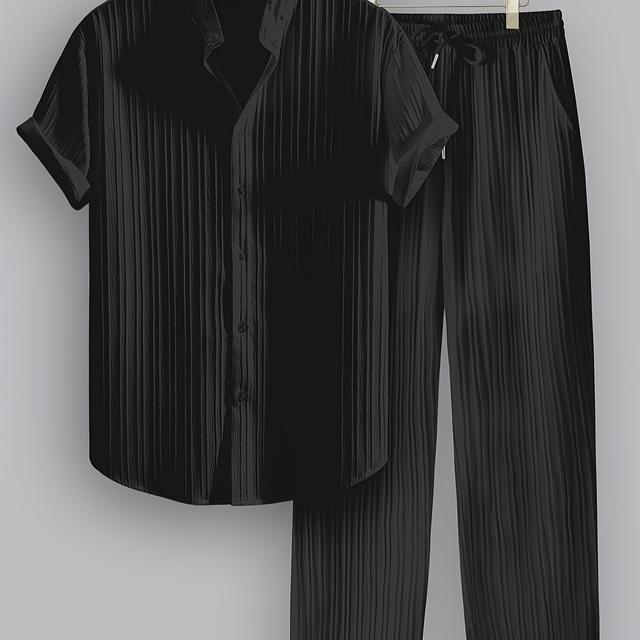 TEMU 【2点セット】メンズ 夏 カジュアル ストライプ柄 ファイバー セット、半袖 スタンドカラー シャツ & ドロー パンツ、 ウーブン生地、レギュラーフィット、普段使い & ビーチバケーションに、無地、ビーチバケーション