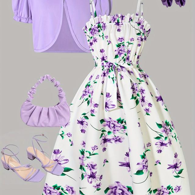 TEMU Girls' Cardigan And Polka Dot Mini Dress Two-piece Set - Elegant Summer Outfit With Sleeves, Lightweight Fabric, And Matching Accessories, Girls Clothes