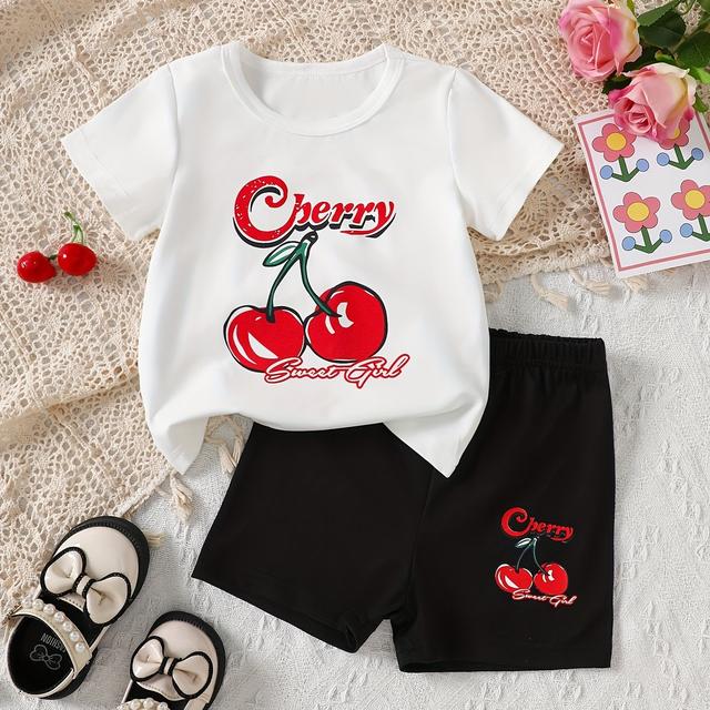 TEMU 2d Flat, Fashionable Summer Casual Sports Short Sleeve Set, Cherry Print, Polyester 95.0% Elastane 5.0%, Cartoon Pattern, Crew Neck, Regular Fit, For Outdoor Activities, Gift