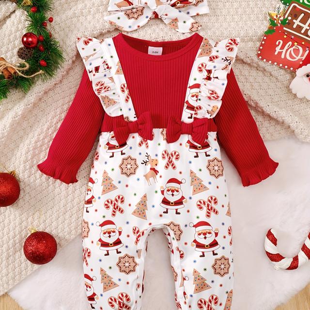 TEMU Christmas Girl Santa Print Bow Fake Suspenders Bodysuit + Headband, Perfect For Outdoor