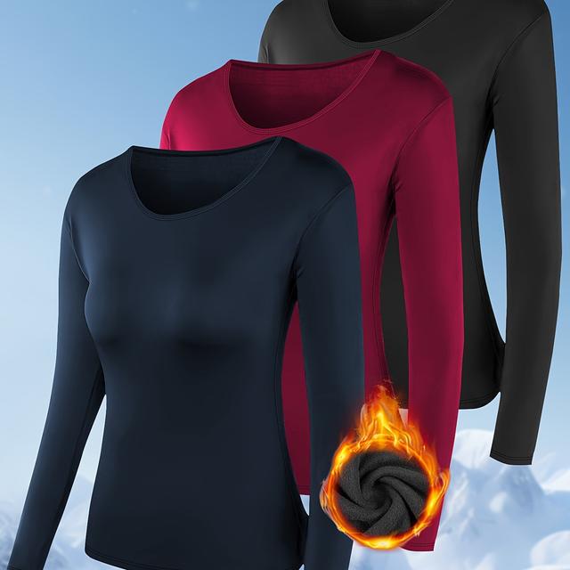 TEMU Set Of 3 - Plus Size Autumn And Winter Fleece-lined Round Neck High Elastic Warm Underwear Top - Solid Color