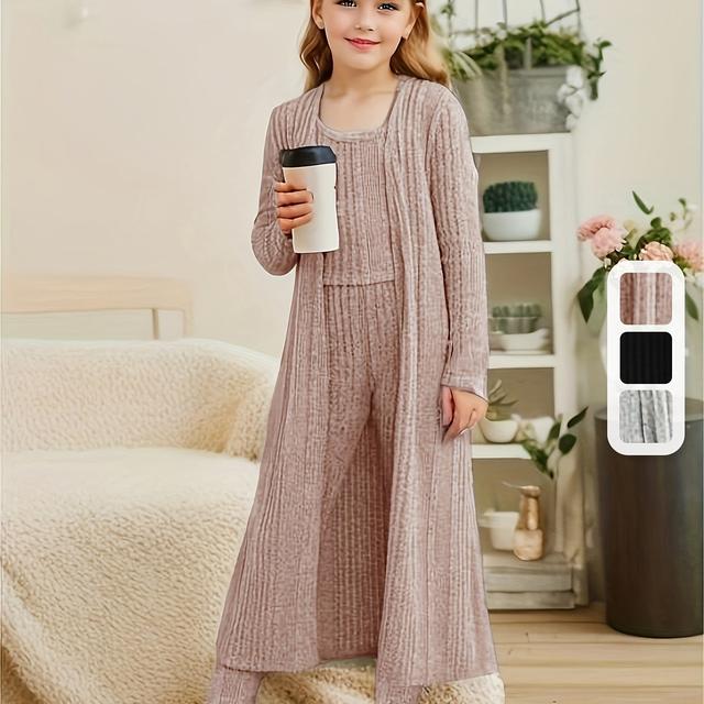 TEMU Stretchy Knitwear 3pcs Girls, Long Sleeve Shawl Knit Cardigan + Top + Leggings Kids Gift, Casual Outdoors & Walking Dog