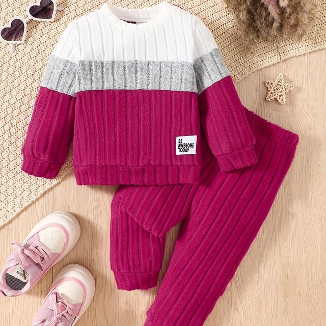 TEMU European And American Baby Girls' Autumn And Winter Popular Brushed Ribbed Color- Long-sleeve Top And Pants Two-piece Set, For Outdoor