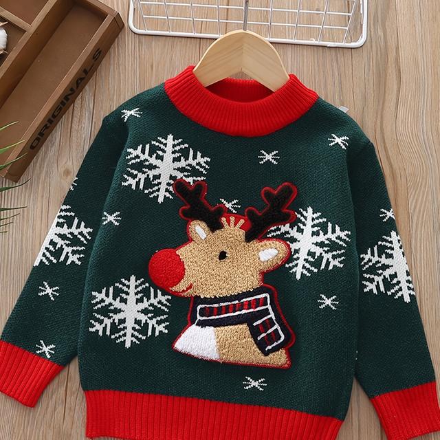 TEMU New Autumn And Winter Pullover Sweater For Children, Featuring A Christmas Knit Design With Reindeer, Suitable For Young Girls