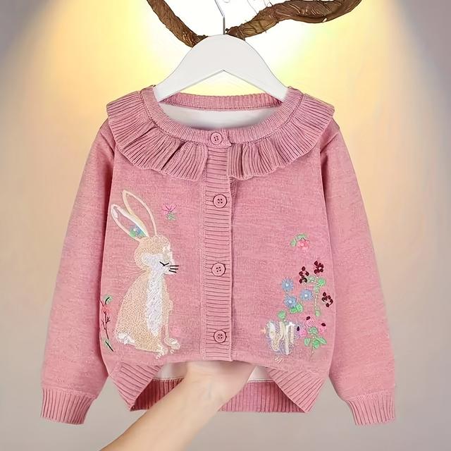 TEMU Girl's Thermal Knit Cardigan With Rabbit Embroidery Round Neck Ruffle Collar Cozy & Cute Comfy Knitted Coats