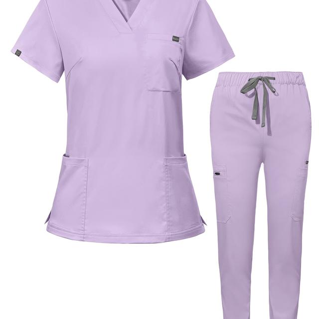 TEMU Women's Scrub Set - Soft V-neck Top With Pockets & Drawstring Joggers, Uniforms For Hospital Staff, Nursing Accessories
