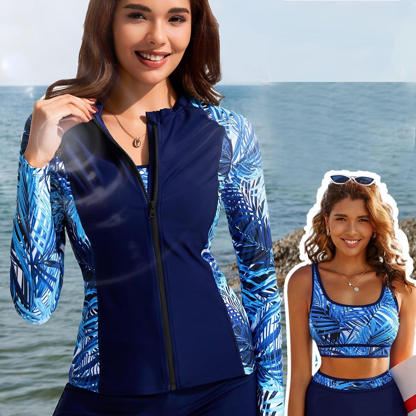 TEMU New Stylish Printed European And American Conservative Long-sleeve Front-zipper Women's 3pcs Surfing Suit Swimwear