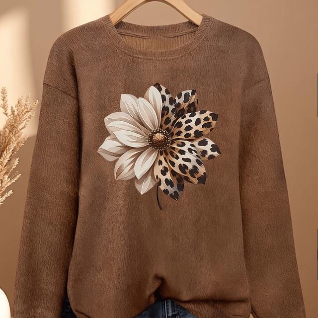 TEMU Tallas grandes, sudadera tipo suéter de para mujer de talla grande - Estampado de leopardo con de flores, cuello redondo, casual de manga larga para moda de otoño e invierno