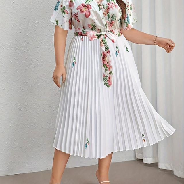 TEMU Plissiertes Kleid mit Blumenmuster und Gürtel in Übergröße, elegantes kurzärmliges Kleid mit Überkragen, Damenkleidung in Übergröße