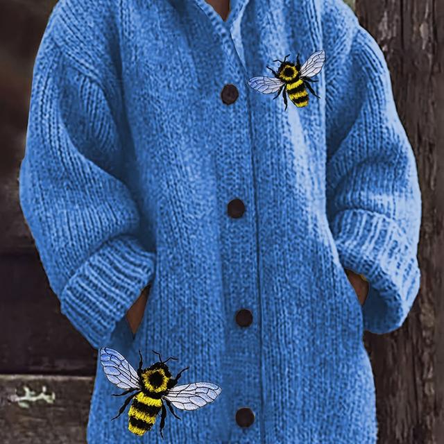TEMU Women's Winter Elegant Hooded Oversized Outer Jacket With Three-dimensional Embroidered Bees, Soft Chunky Yarn, Thick, Beautiful, Stylish, Comfortable, Casual, Vintage, Commuter Cardigan, Gift