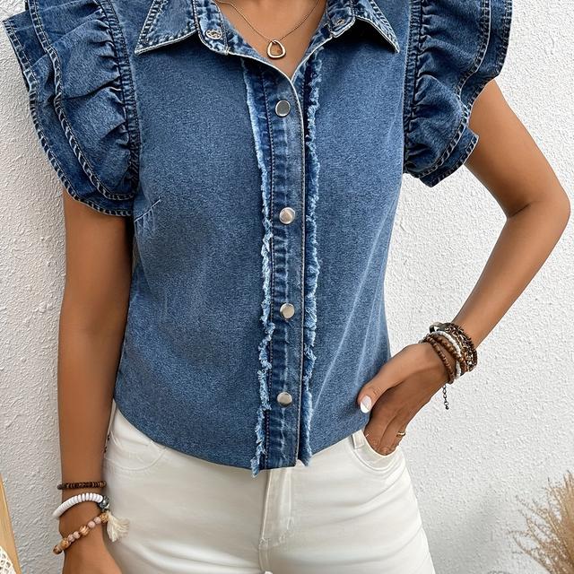 TEMU Camisa de mezclilla de estilo europeo para mujer con detalles elegantes y .