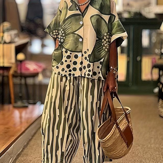 TEMU Dames Casual Outfit, een Los Shirt en Lange Broek Set, Stijlvol Bedrukt Broek Ensemble voor Dames