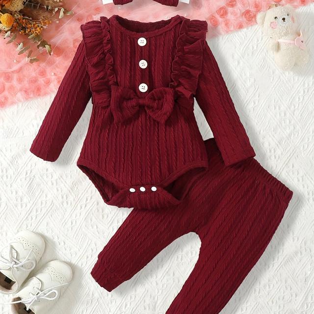 TEMU Girls' Solid Color Twist Fabric Texture Lace Button & Solid Long Pants With Bowknot Baby Girl Two-piece Set, For Outdoor