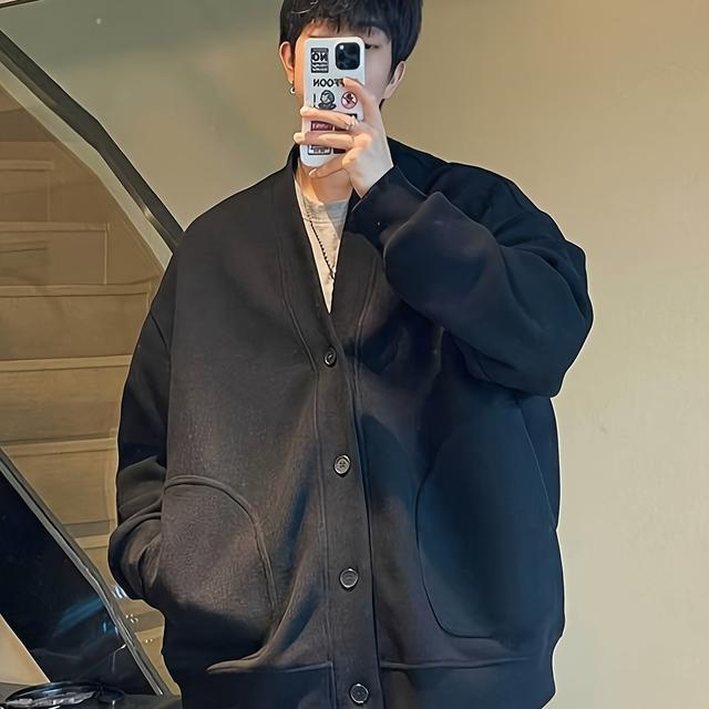 TEMU メンズ 日系アメリカン ストリートウェア ジャケット - ルーズフィット 長袖 ボタンフロント カーディガン、カラー スウィートコート - 毎日＆ルに最適 - 洗濯機対応 カジュアル アウター (春/秋) - メンズファッション, ショナル ウェア, シンプルな素材構造