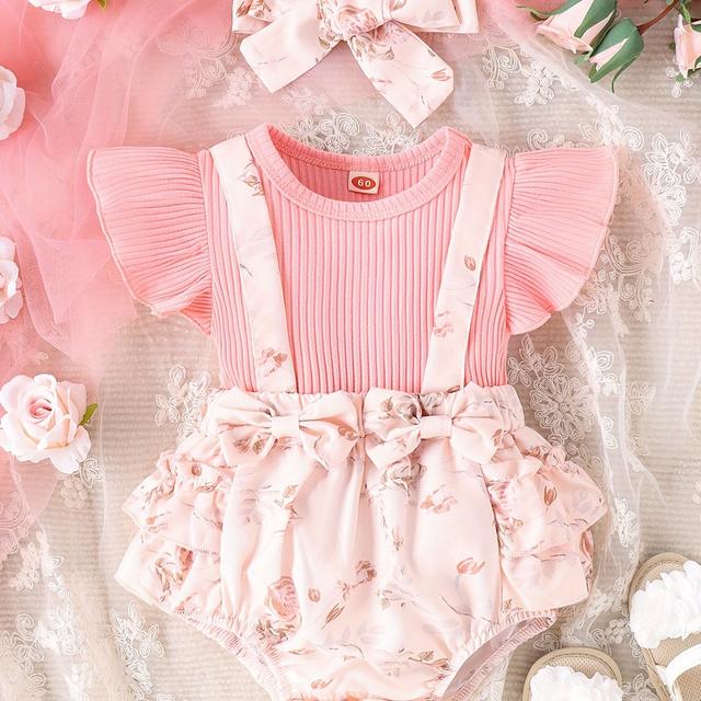 TEMU Hbb100099 Children's Pink Sleeve Floral Skirt Romper + Headband, Perfect For Outdoor