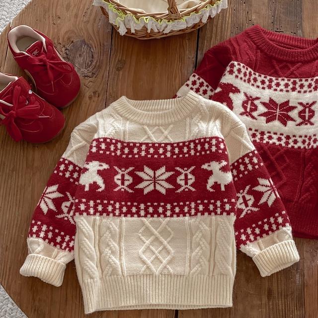 TEMU Niedlicher Strickpullover in Hellbeige und Rot für Mädchen, perfekt für Herbst und Winter, ideal für festliche Anlässe und