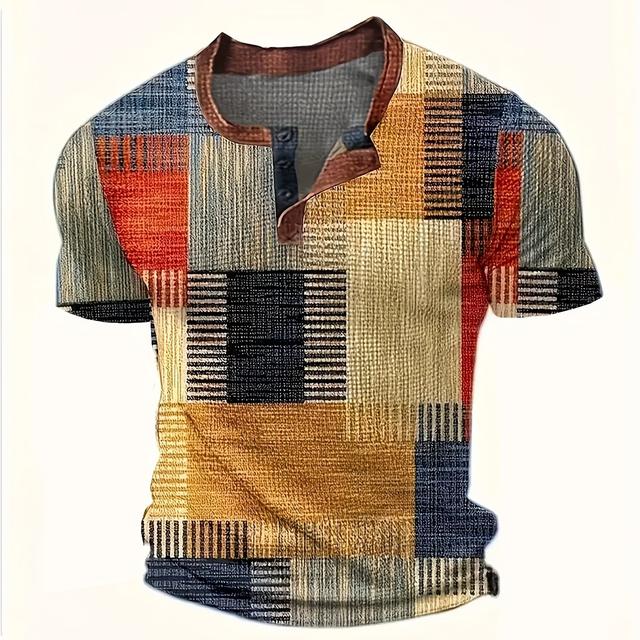 TEMU Men's Waffle Texture Digital 3d - Outdoor Sports Casual Henley T-shirt