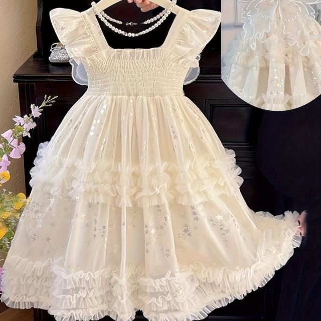 TEMU Zomerse Mesh Jurk met Vleugels voor Meisjes, met 3D Vlinder Engelenvleugels, een Bloemige Tule Rok van Middel Lange Lengte