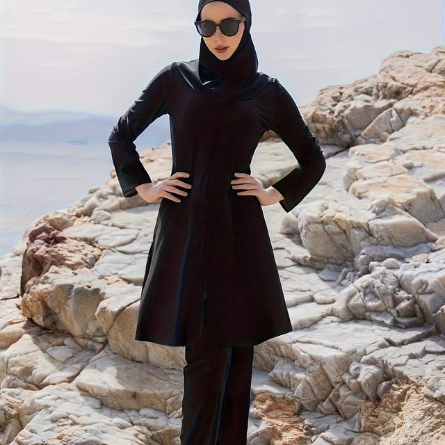 TEMU Midden-Oosterse Stijl Moslim Ramadan Lange Mouw En Broek Separates 3-delige Set met Hoed Conservatieve Burkini Volledige Bedekking Zwemkleding Dames Zwempak Zomer Strand