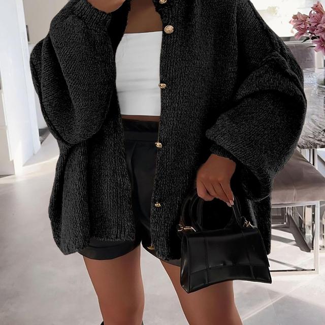 TEMU Nouveau Cardigan Femme Col Épaules Tombées Oversize Uni Chic et Décontracté pour Automne Hiver à Boutons