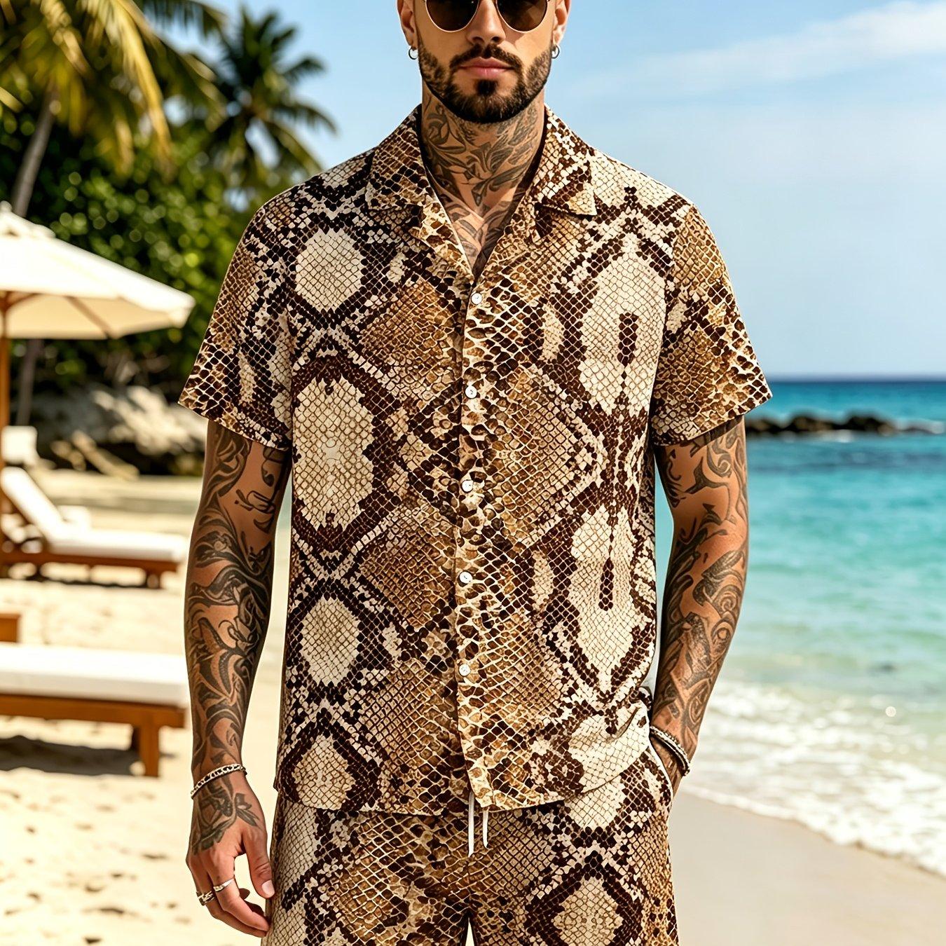 TEMU Men's Summer Snakeskin Two-piece Set: Short-sleeved Shirt And Drawstring Shorts, Casual Beachwear