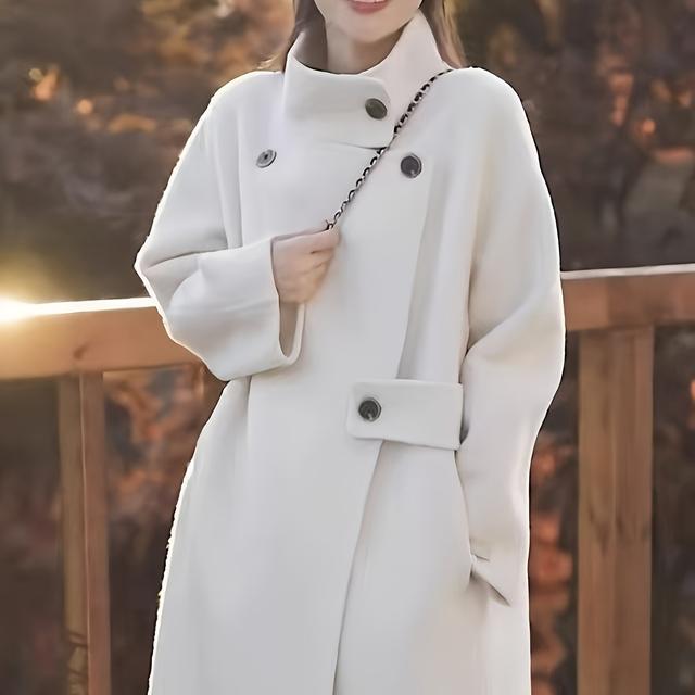 TEMU 【レトロな性格】おしゃれルーズスタンドカラーダブルコート | ミドル丈、無地、長袖、シングルボタン留め、レディース