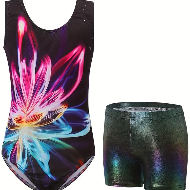 TEMU Girls' Gymnastics Bodysuit Set, Shiny Ballet Dance Outfit With Sparkling Shorts For Rolling.