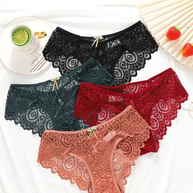 TEMU 5pcs Low-rise Sexy Lace Thong Panties With Bow Cutouts And Design, Comfortable Plus Size For Women