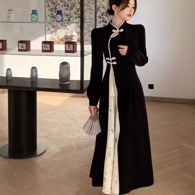 TEMU 女性用トな中国風チャイナドレス - 長袖ウエストシンチングフロア丈ルパーティー伝統アジア衣装、非対称裾＆カラー付き - 洗濯機可文化イブニングガウン