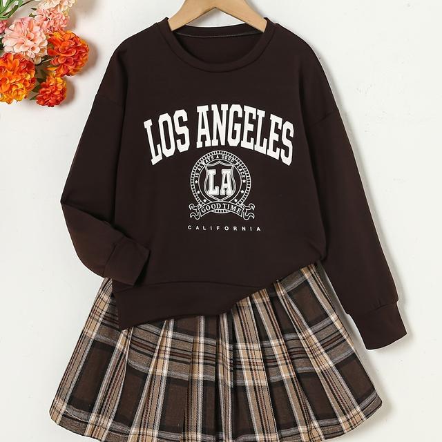 TEMU طقم ملابس بناتي للخريف والشتاء يتميز بملابس كاجوال أنيقة وعصرية، يشتمل على تنورة كاروهات مكشكشة و توب بأكمام طويلة بلون موحد مع طبعات ، كطقم من قطعتين