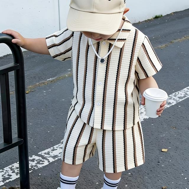 TEMU Conjunto de Punto de Vintage a Rayas Texturizado para Niños - Camisa de Manga Corta con Cuello y y Shorts con Cintura Elástica, Dos Piezas, Casual, Ideal para Uso , para Exteriores