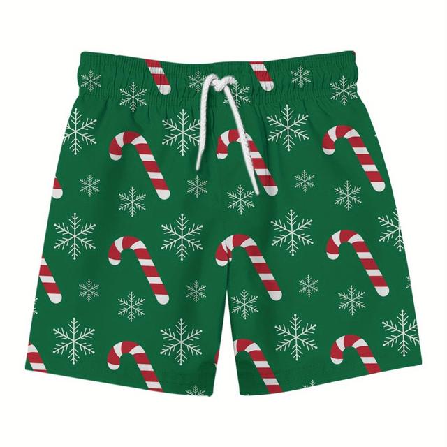 TEMU Christmas Season Men's Beach Shorts With Flat Pattern - Textured Summer Beach Swim Shorts With Elastic Waistband, Drawstring, Loose Fit, Lightweight