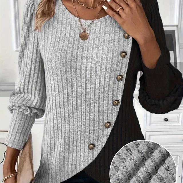 TEMU Women's Plus Size Long Sleeve Ribbed Knit Sweater With Button Detail, Elegant Solid Color Pullover, Polyester Blend, Round Neck, Stretch Fabric, Autumn/ Top