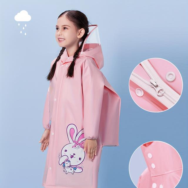TEMU Girls' Cute Bunny Cartoon Hooded Raincoat With Backpack Pocket - Pink High Quality Coat, Loose Fit Long Sleeve For Outdoor Play, Parties & Casual Wear