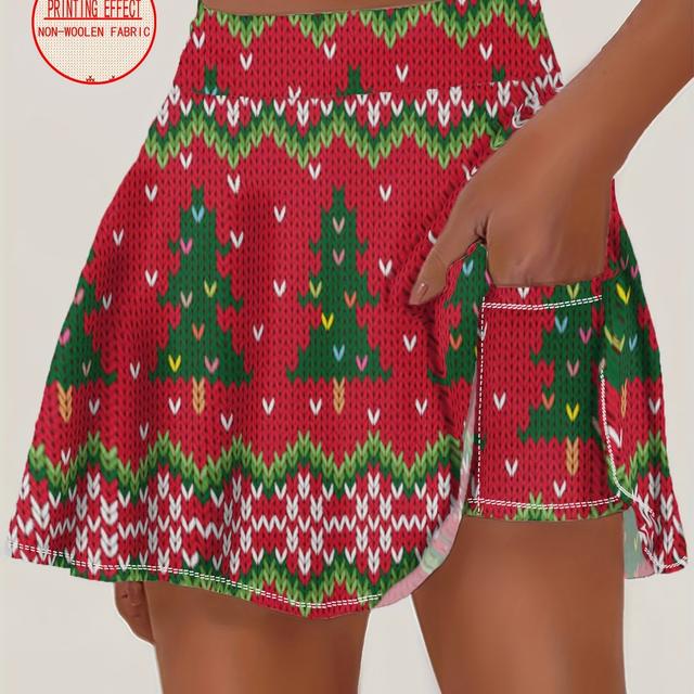 TEMU 여성용 크리스마스 테마 플리츠 스커트, 크리스마스 트리 프린트, 배드민턴, 테니스, 골프, 러닝, 피트니스, 요가 및 야외 스포츠에 적합 - 휴일 시즌 필수 아이템